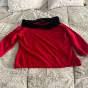 Brooks brothers festive holiday red cashmere sweater with fur collar